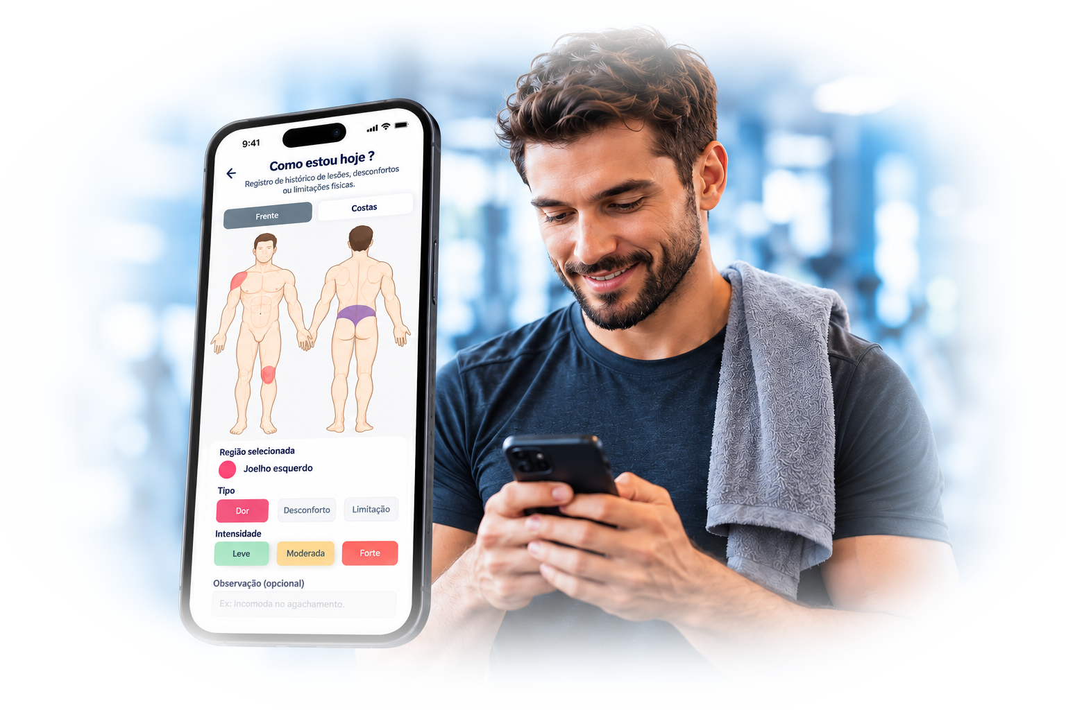 Aluno usando o celular ao lado da ferramenta Como estou hoje? do DataFitness