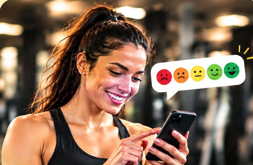 Aluna utilizando o celular em uma academia